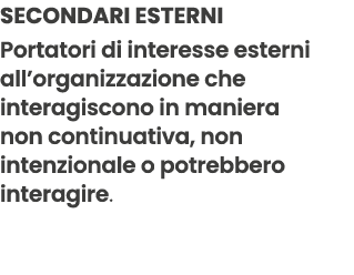 Secondari esterni Portatori di interesse esterni all’organizzazione che interagiscono in maniera non continuativa, no...