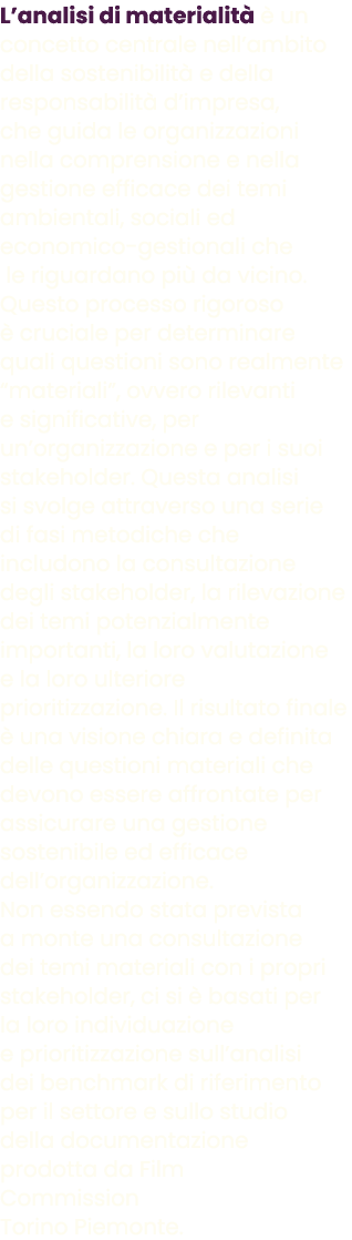 L’analisi di materialit   un concetto centrale nell’ambito della sostenibilit  e della responsabilit  d’impresa, che...