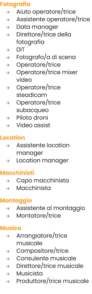 Fotografia → Aiuto operatore/trice → Assistente operatore/trice → Data manager → Direttore/trice della fotografia → D...