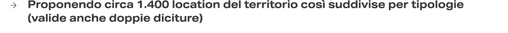 → Proponendo circa 1.400 location del territorio cos suddivise per tipologie (valide anche doppie diciture) 