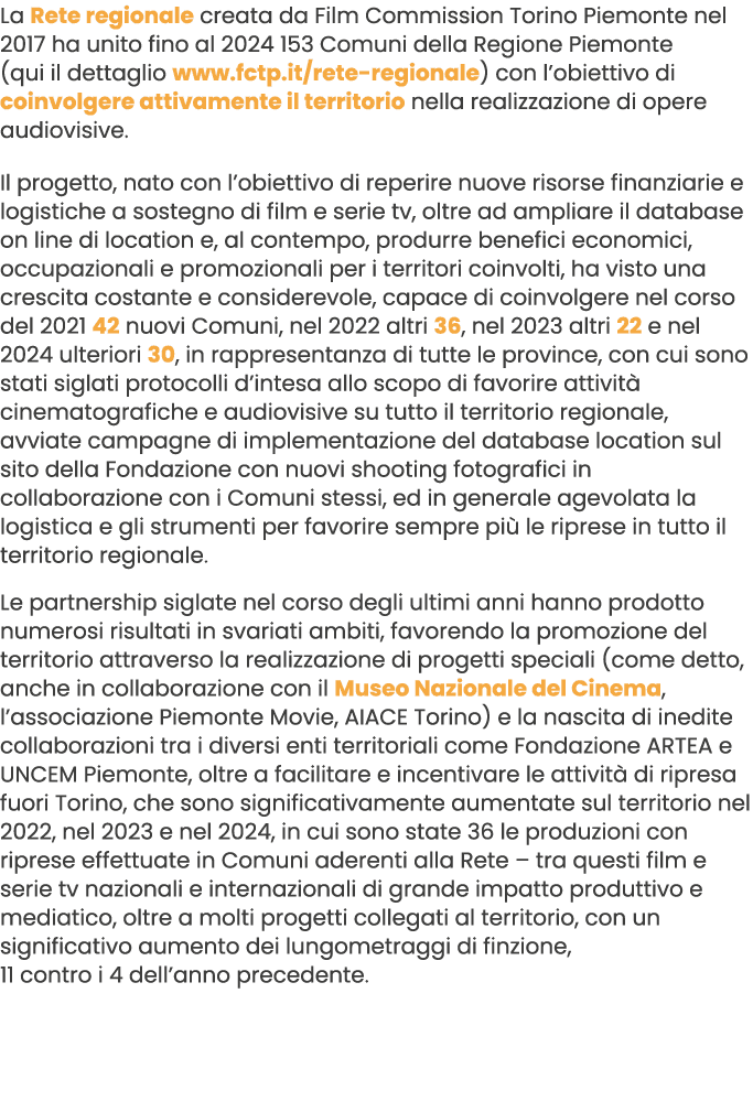 La Rete regionale creata da Film Commission Torino Piemonte nel 2017 ha unito fino al 2024 153 Comuni della Regione P...