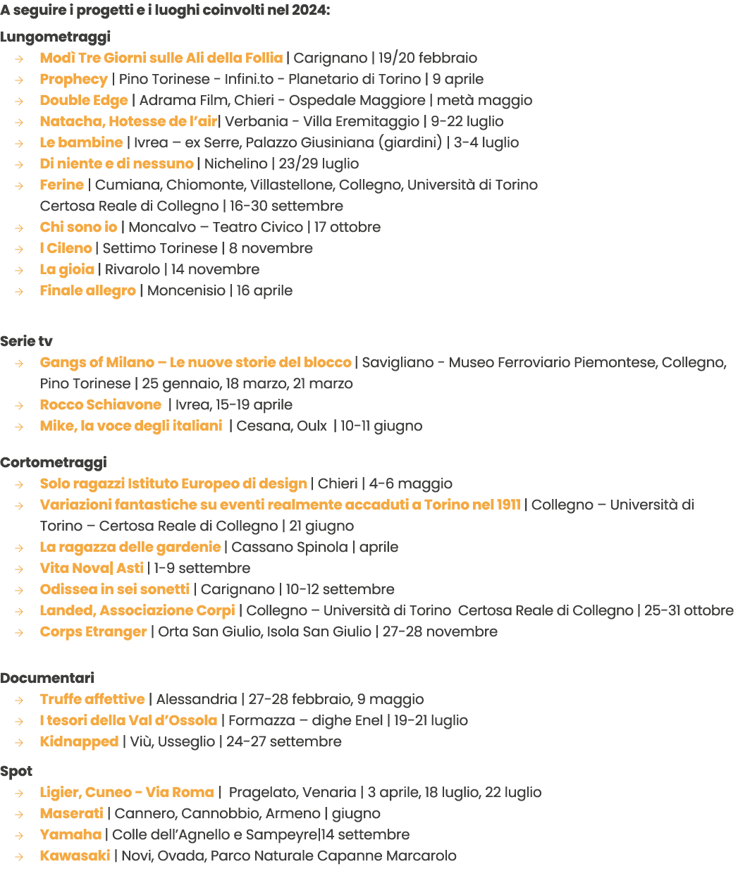 A seguire i progetti e i luoghi coinvolti nel 2024: Lungometraggi → Mod Tre Giorni sulle Ali della Follia | Carignan...