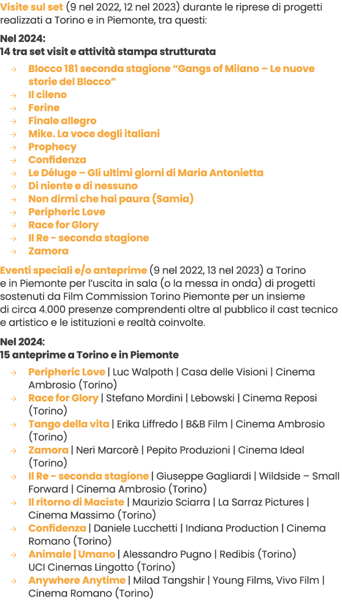 Visite sul set (9 nel 2022, 12 nel 2023) durante le riprese di progetti realizzati a Torino e in Piemonte, tra questi...