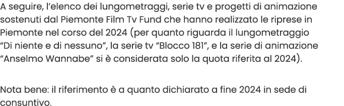 A seguire, l’elenco dei lungometraggi, serie tv e progetti di animazione sostenuti dal Piemonte Film Tv Fund che hann...