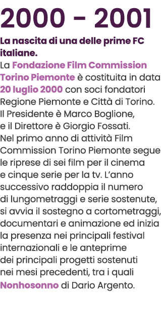 2000 2001 La nascita di una delle prime FC italiane. La Fondazione Film Commission Torino Piemonte  costituita in da...