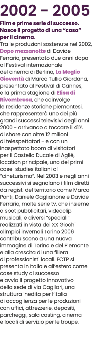 2002 2005 Film e prime serie di successo. Nasce il progetto di una “casa” per il cinema. Tra le produzioni sostenute ...