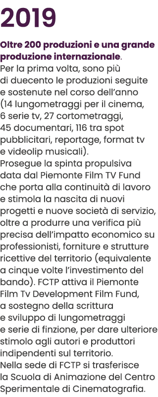 2019 Oltre 200 produzioni e una grande produzione internazionale. Per la prima volta, sono pi di duecento le produzi...